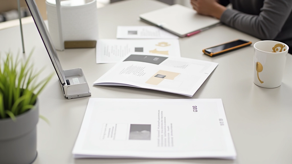 Modern office space featuring website layouts with gold accent color on neutral background palette