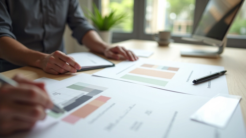 Designer working on clean interface mockups with minimal color palette and ample whitespace visible