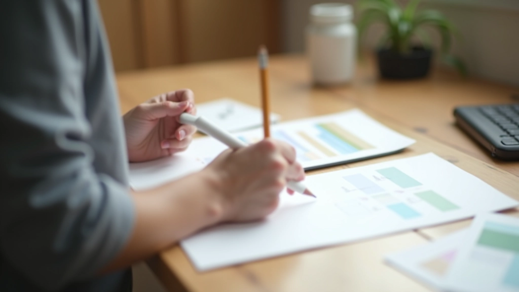 Designer sketching minimalist interface layouts with gold accent color on neutral background