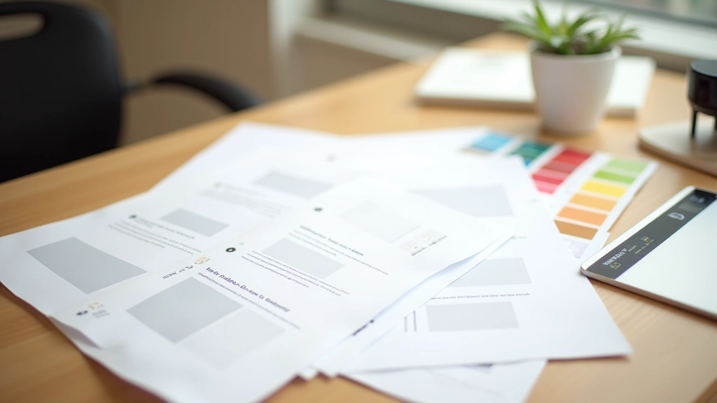 Designer workspace showing sketches and typography samples laid out with generous spacing for visual clarity