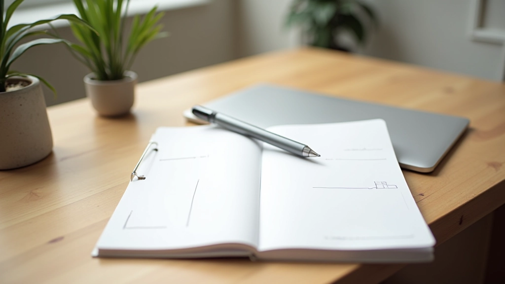 Minimalist workspace with clean desk and ample whitespace, designer sketches with generous margins