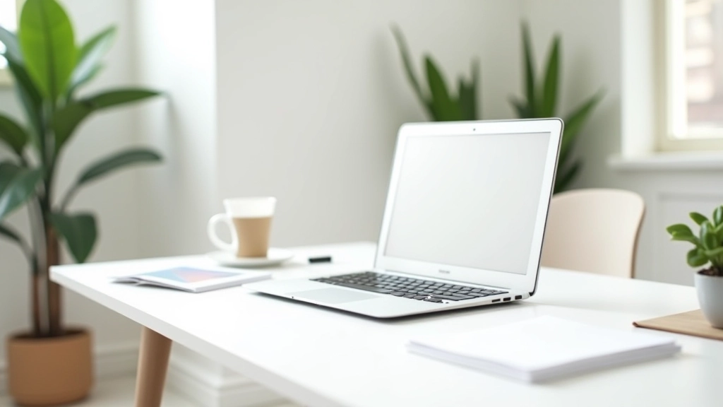 Modern minimalist workspace with design sketches, neutral color swatches, and a laptop displaying clean interface designs, Singapore studio setting