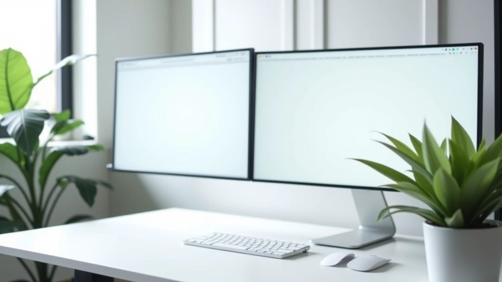 Minimalist design studio workspace with clean desk and dual monitors showing design mockups